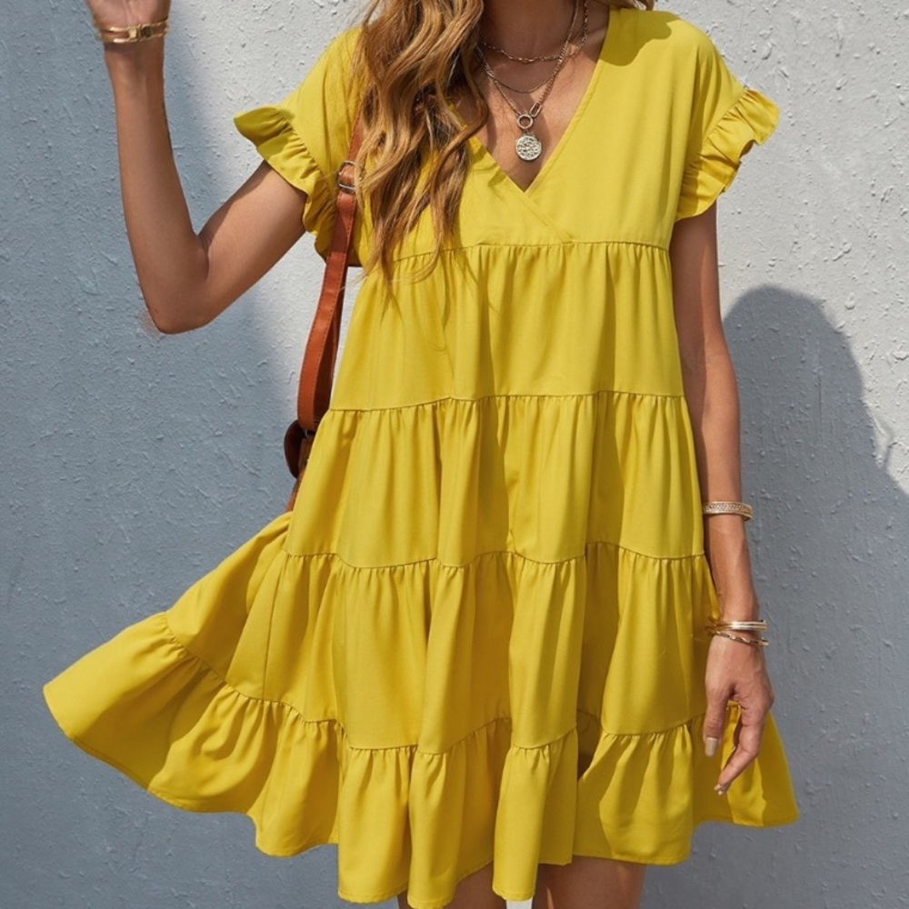 Boho v neck ruffle sleeve smock mini dress - Picture 8 of 16
